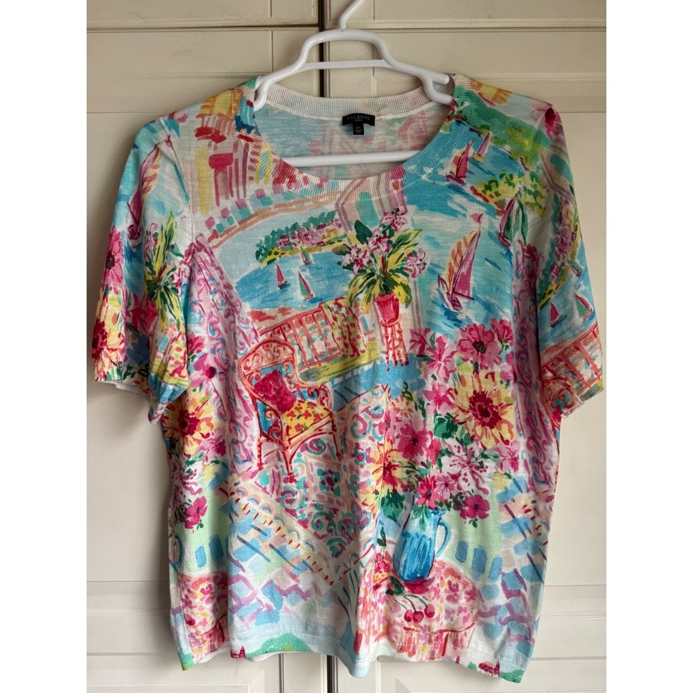 Talbots Woman 2X Short Sleeve Cotton Knit Sweater Top Scenic Coastal Floral